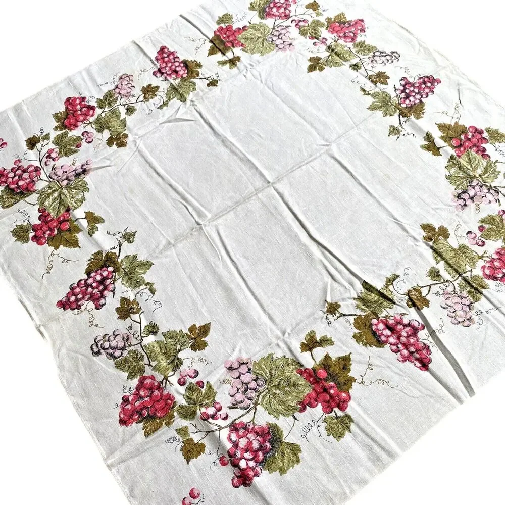 Square tablecloth printed cotton blend pink red grapes greenery vine border FLAW
